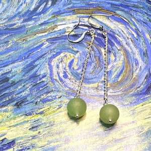 Aventurine balanced dangle drop spheres very long statement earrings silver